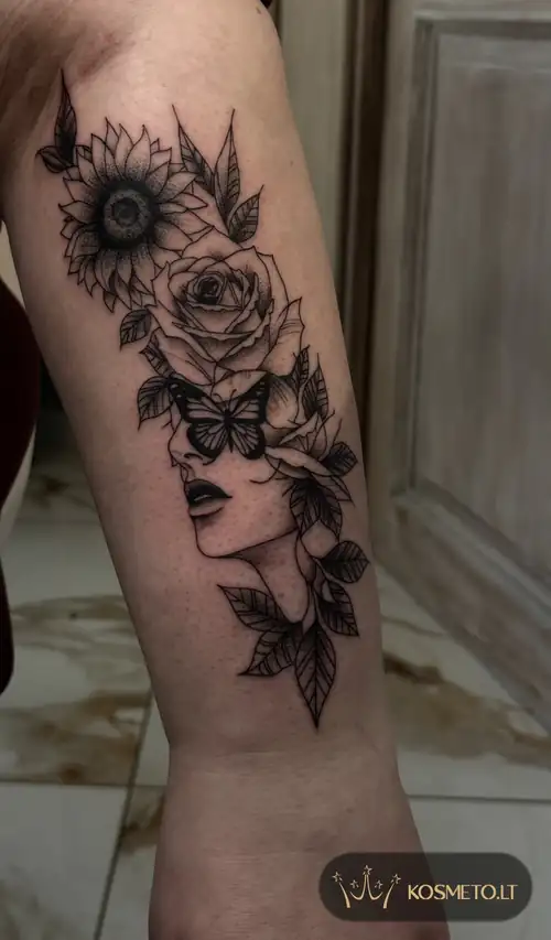 Moters veido su rožėmis ir saulėgrąža tatuiruotė, Veta Pluščiauskytė